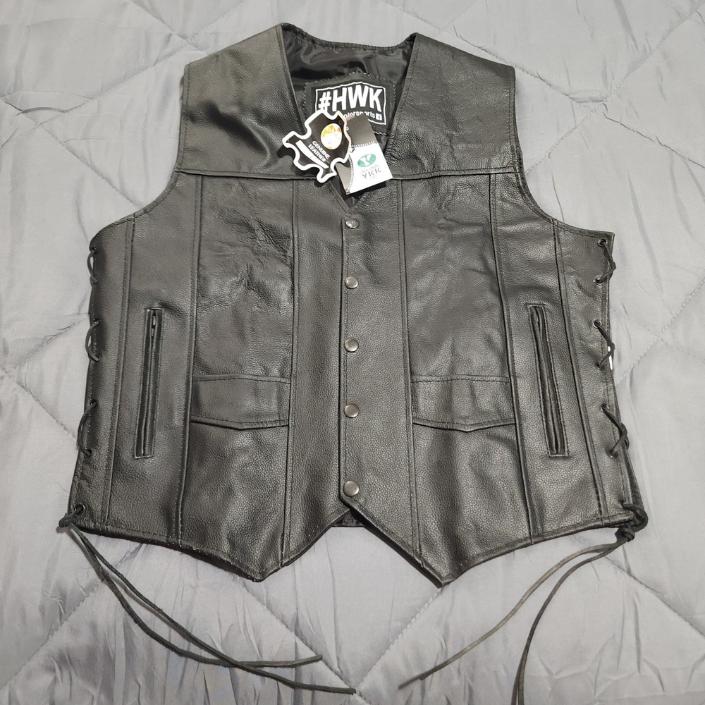 HWK Genuine Leather Motorcycle Vest Men's Med Black Biker Riding Snap Front NWT